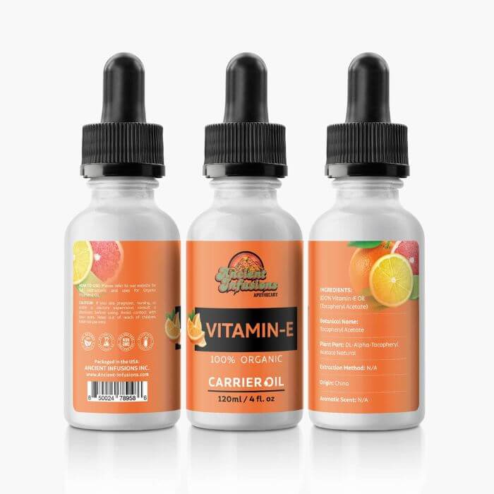 Organic vitamin E oil carrier oil by Ancient Infusions – 100% pure natural oil for skin repair, hydration, and antioxidant protection.