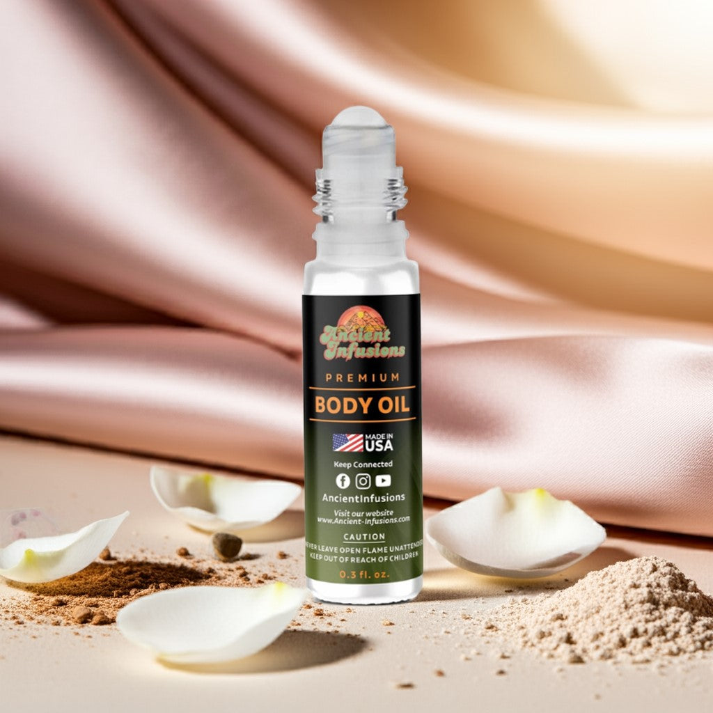 Mugler Angel Inspired Body Oil roll-on with a soft, elegant fragrance, displayed with petals on a silky background.