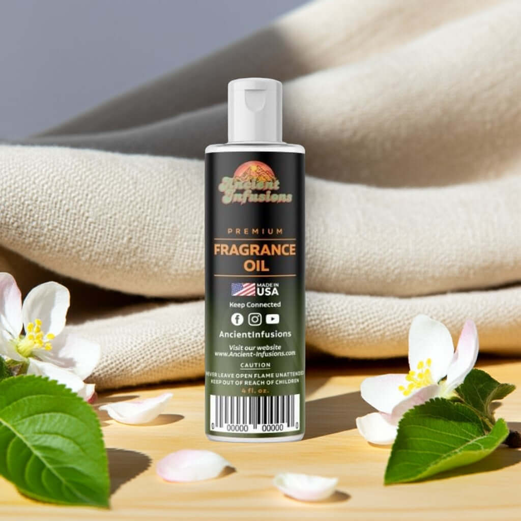 Bottle of Apple Blossom Fragrance Oil with blossoms and leaves