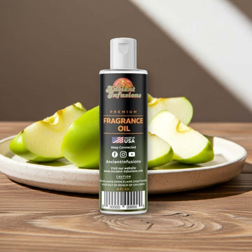 Bottle of Apple Fragrance Oil with fresh green apple slices, pure and uncut, highlighting fresh scent and premium quality.