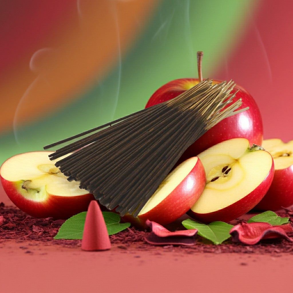 Apple Incense Sticks and a cone on sliced apples with a colorful background