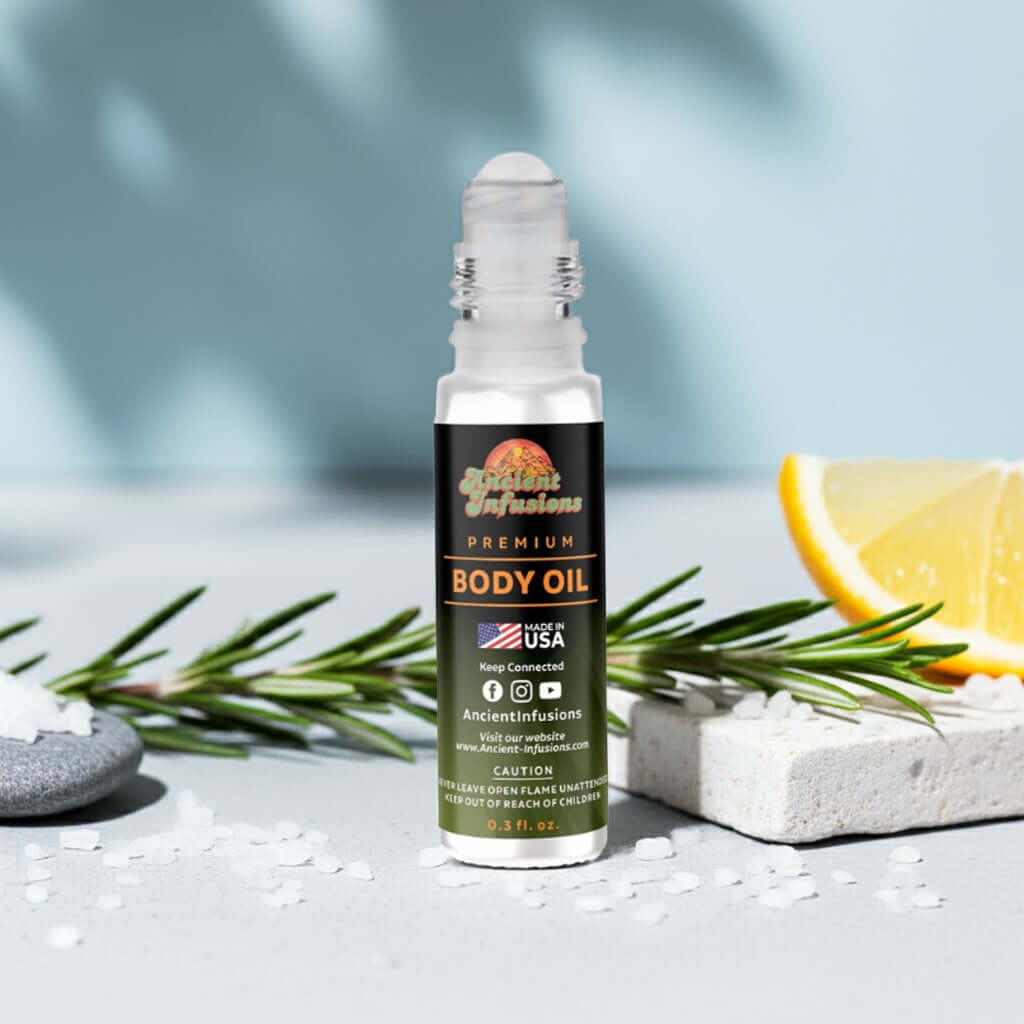 Giorgio Armani Acqua Di Gio Men Inspired Body Oil bottle with rosemary and lemon slices background