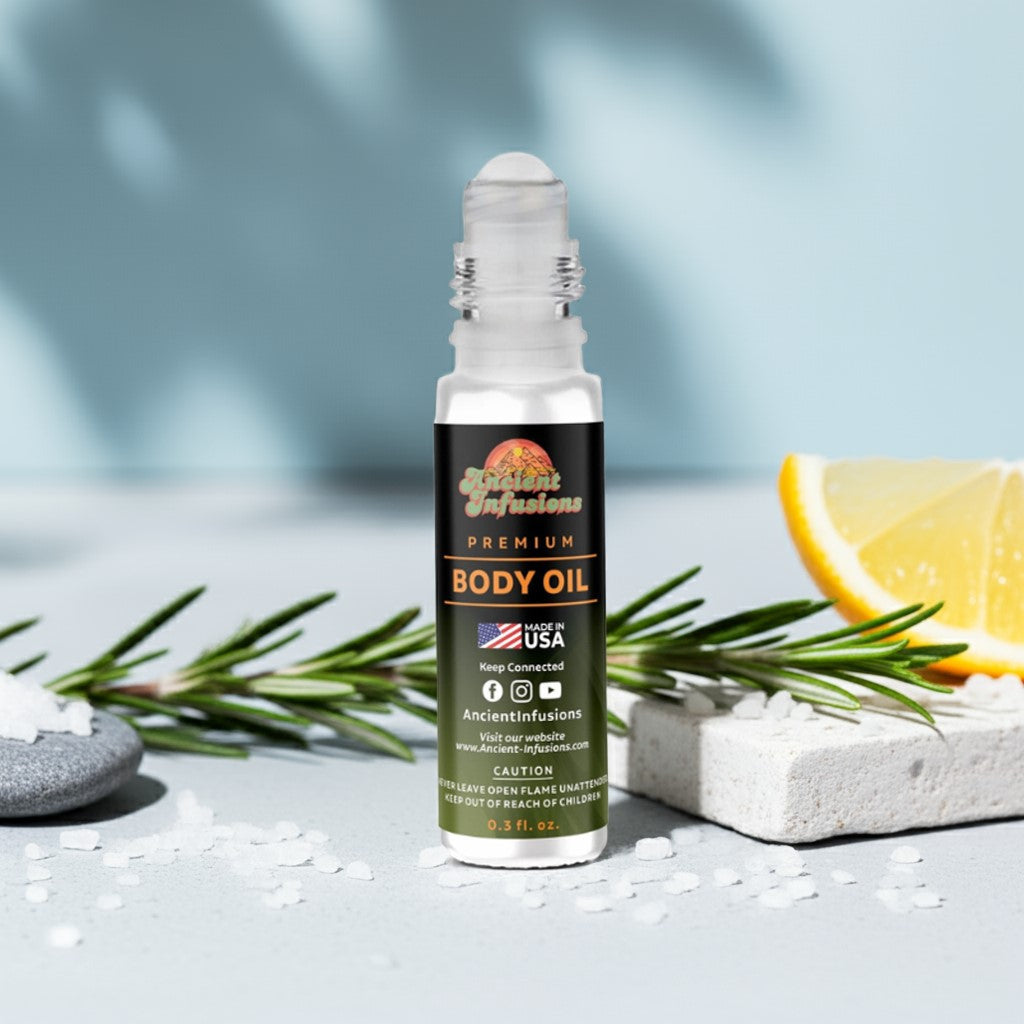 Giorgio Armani Acqua Di Gio Men Inspired Body Oil bottle with rosemary and lemon slices background