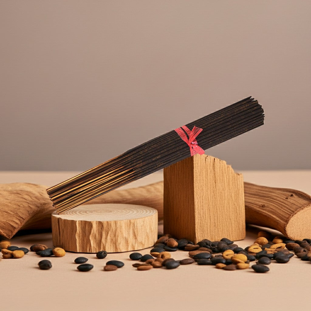 Arabian Sandalwood Incense Sticks with a wooden block and scattered incense particles on a neutral background