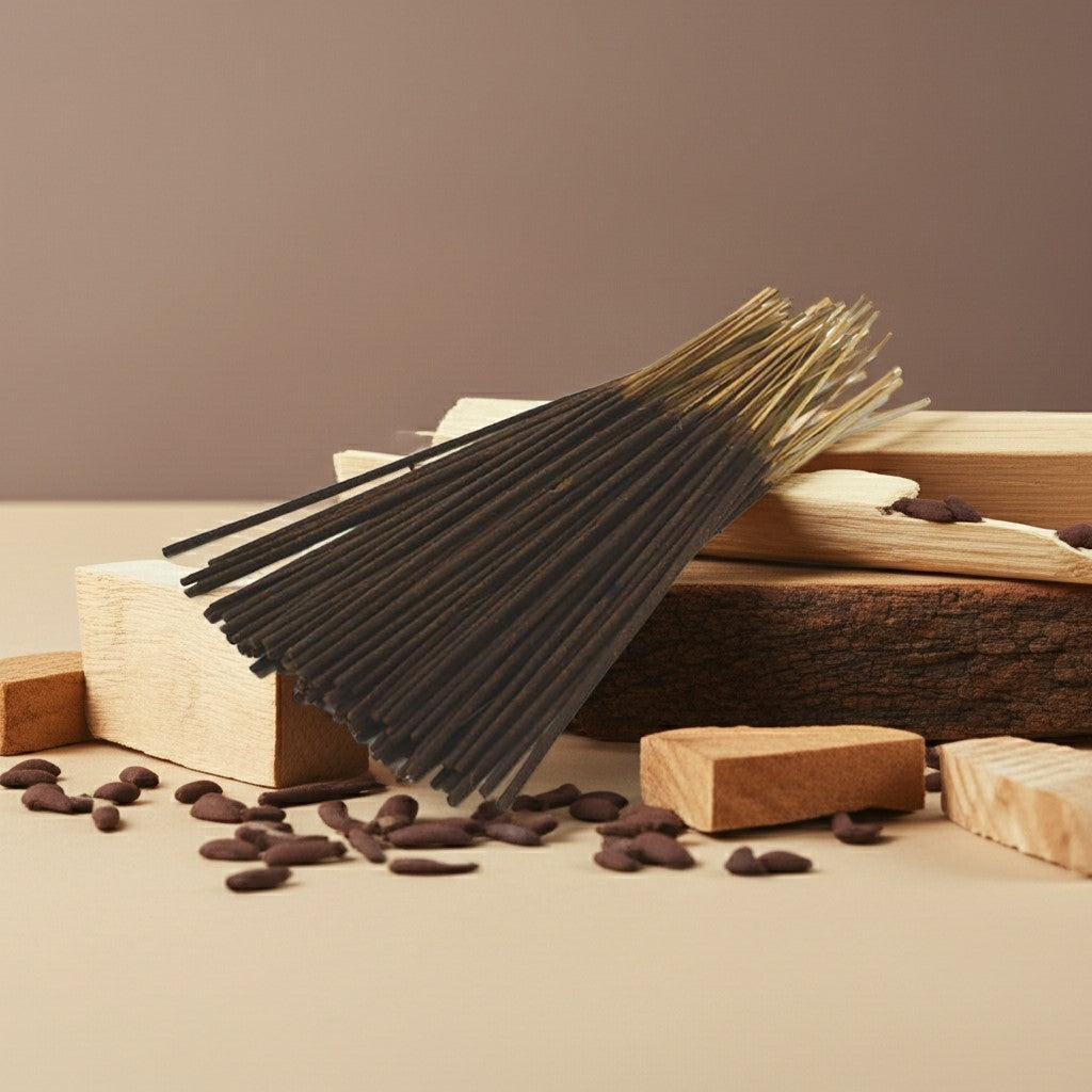 Arabian Sandalwood Incense Sticks with wooden blocks and incense ashes on a neutral background