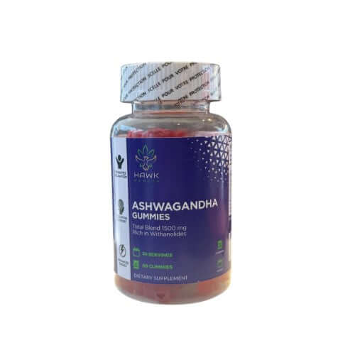 Bottle of Ashwagandha gummies with a blue label on a white background