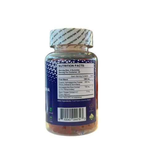 Back view of Ashwagandha Gummies bottle showing nutrition facts label and ingredients.