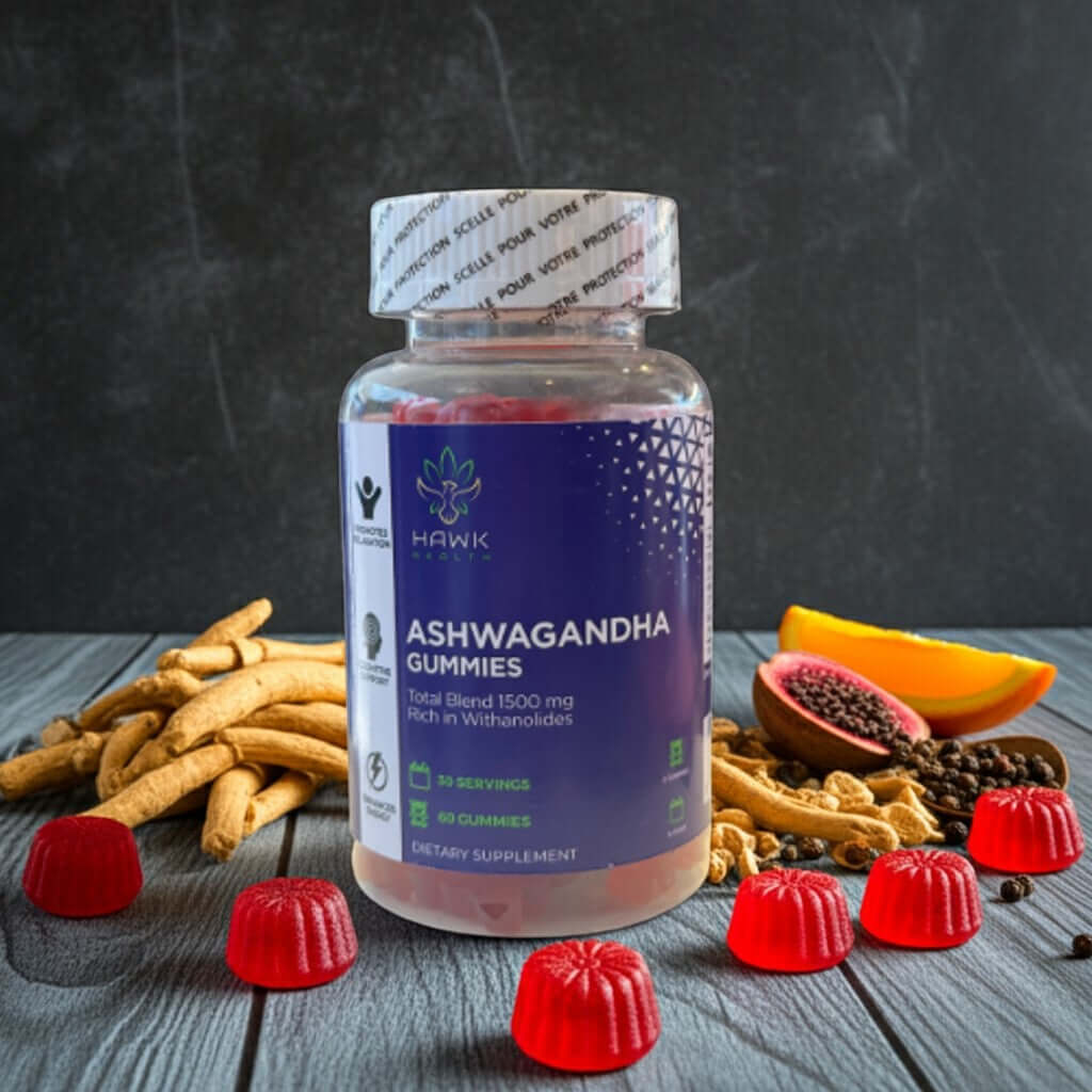 Bottle of Hawk Ashwagandha gummies with gummy bears on a wooden surface