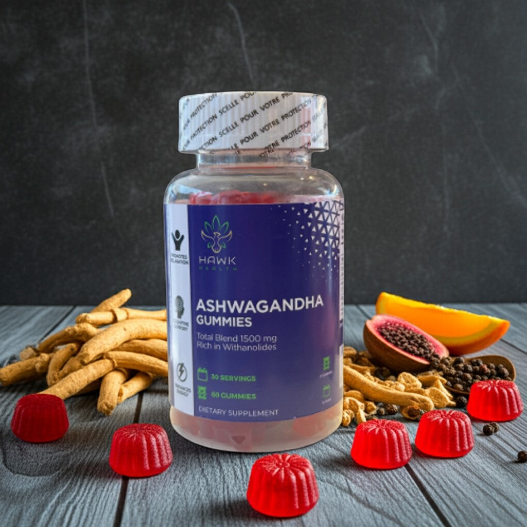 Bottle of Hawk Ashwagandha gummies with gummy bears on a wooden surface