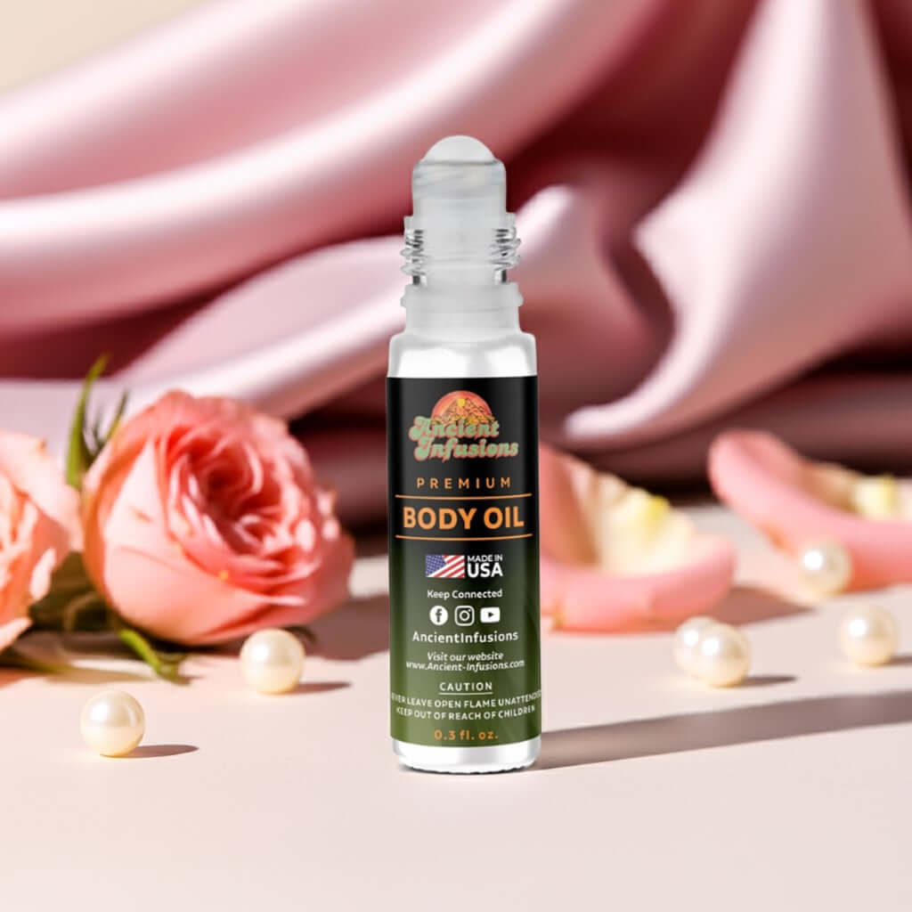 Baby Phat goddess inspired body oil bottle with roses and pearls on a pink fabric background