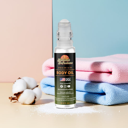 Baby Powder body oil bottle with cotton and towels on a pastel background