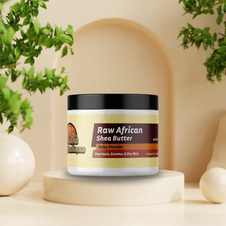 Baby powder raw African shea butter by Ancient Infusions – 100% pure natural moisturizer for baby-soft skin, hydration, and soothing care.