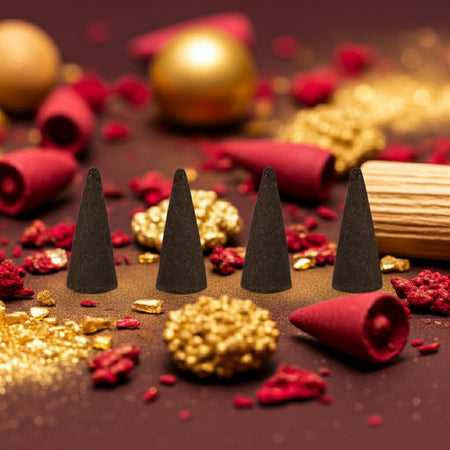 Baccarat Rouge 540 Inspired Incense Cones on a decorative surface with red and gold elements