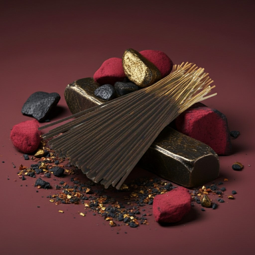 Decorative arrangement of Baccarat Rouge 540 Inspired Incense Sticks, red and black stones on a dark background