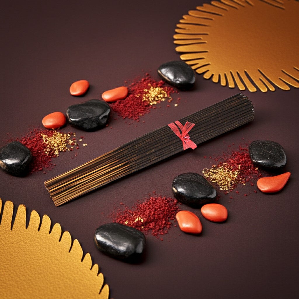 Baccarat Rouge 540 Inspired Incense Sticks with decorative stones and powders on a dark surface
