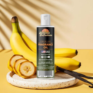 Banana Fragrance Oil bottle with fresh banana slices on a tropical-themed background.