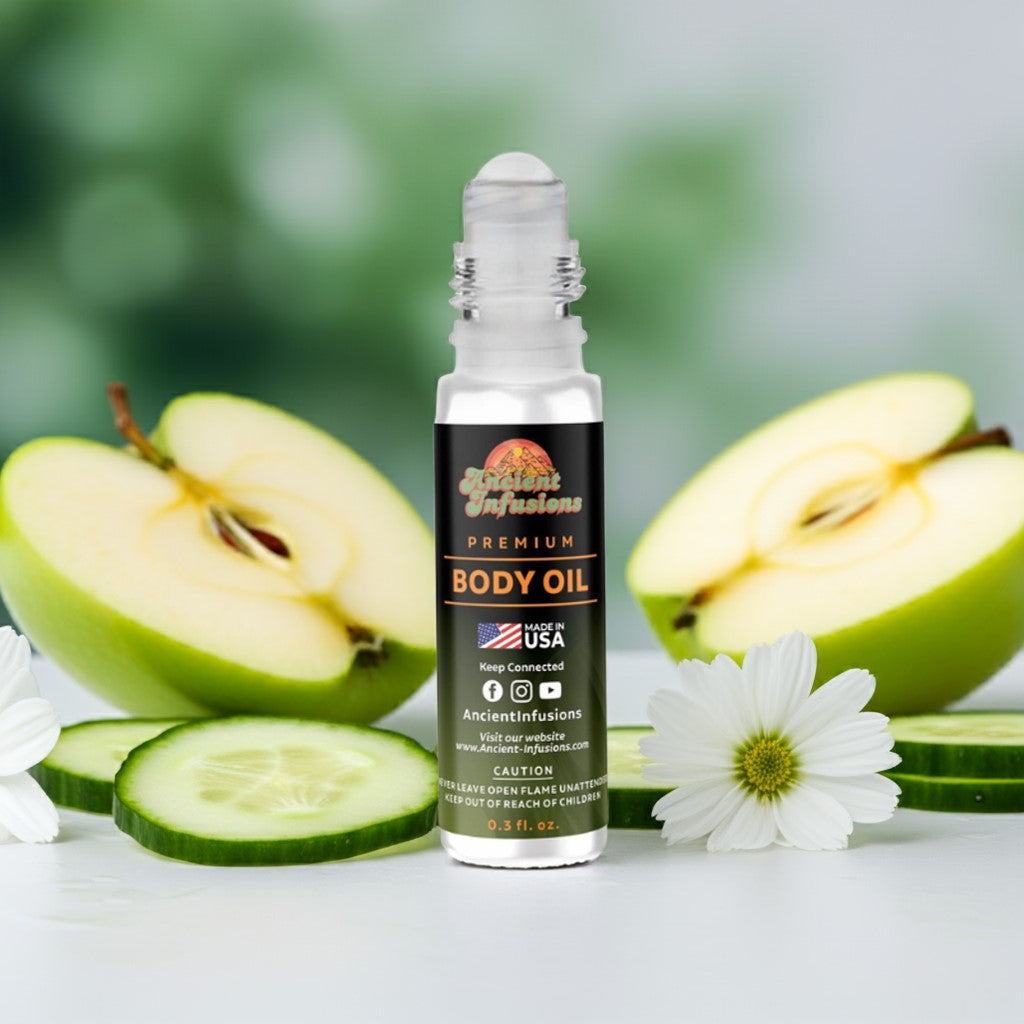 Be Delicious bottle of body oil with green apples, cucumber slices, and a daisy on a blurred green background