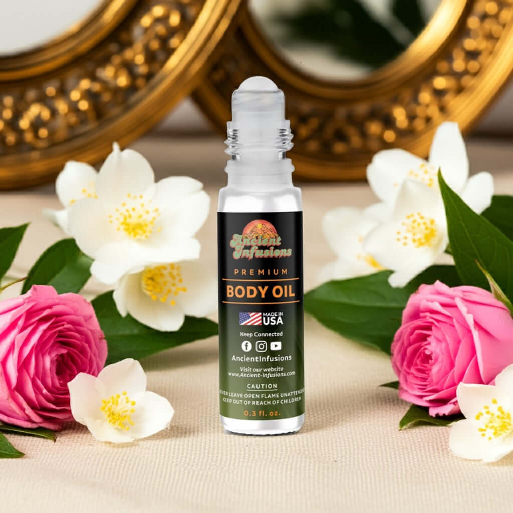 Bottle of Estee Lauder Beautiful Inspired Body Oil surrounded by flowers, highlighting elegance and floral fragrance.