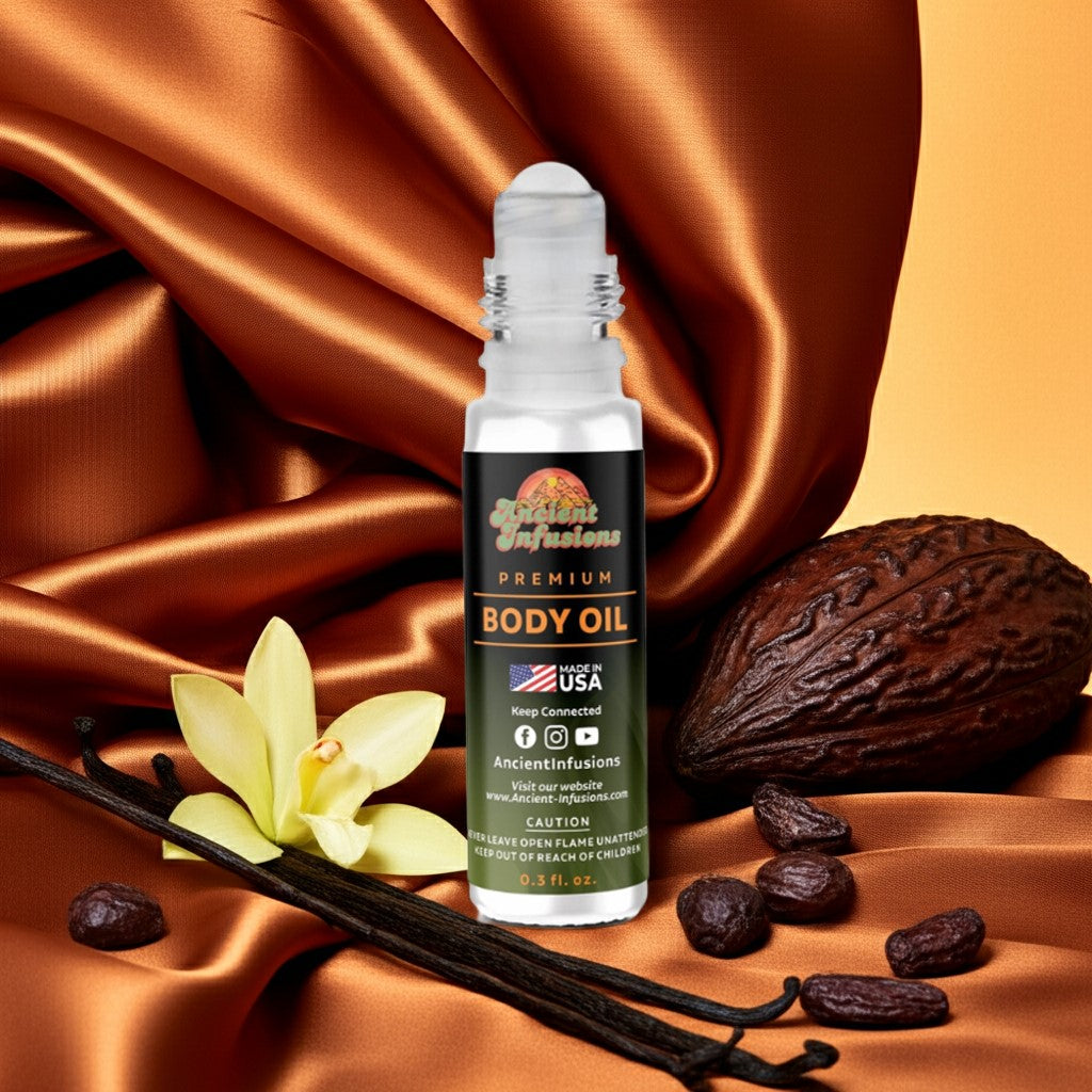 Billie Eilish Eilish EDP Inspired Body Oil with vanilla and cocoa beans on silk backdrop