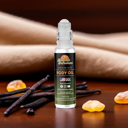 Black Butter body oil bottle with vanilla beans and vanilla flowers on a wooden surface