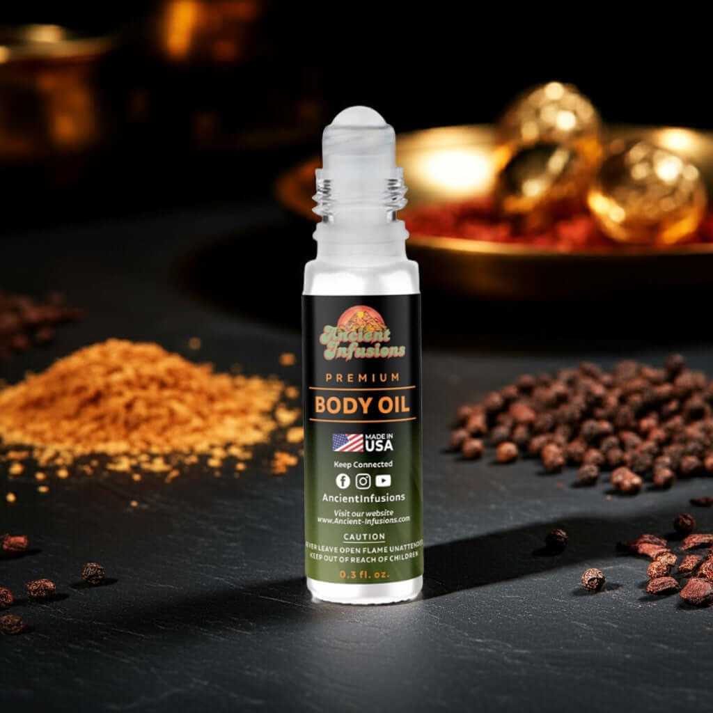 Giorgio Armani Black Carat for Him Inspired Body Oil bottle with aromatic spices background.