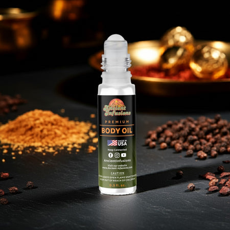 Black carat armani body oil bottle with ingredients on a dark surface