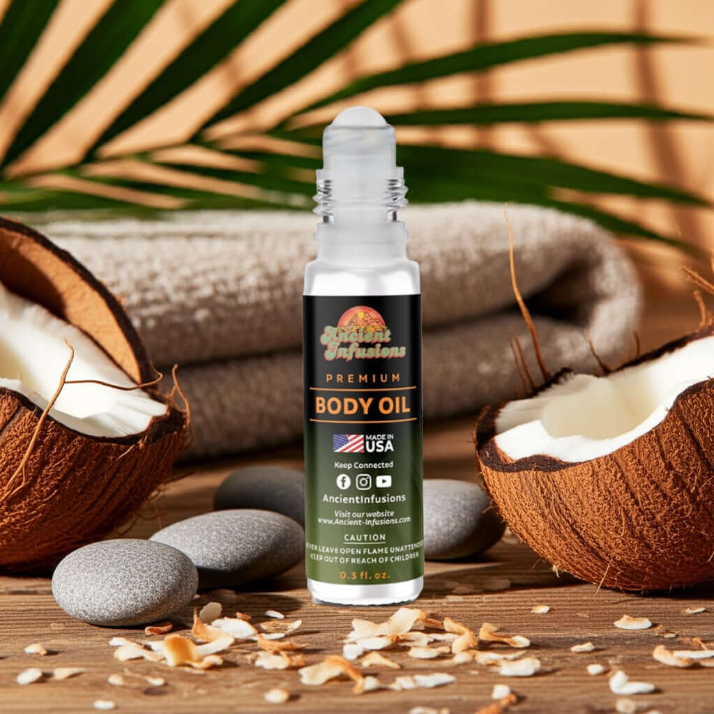 Black Coconut Body Oil bottle with coconuts and stones on wooden table