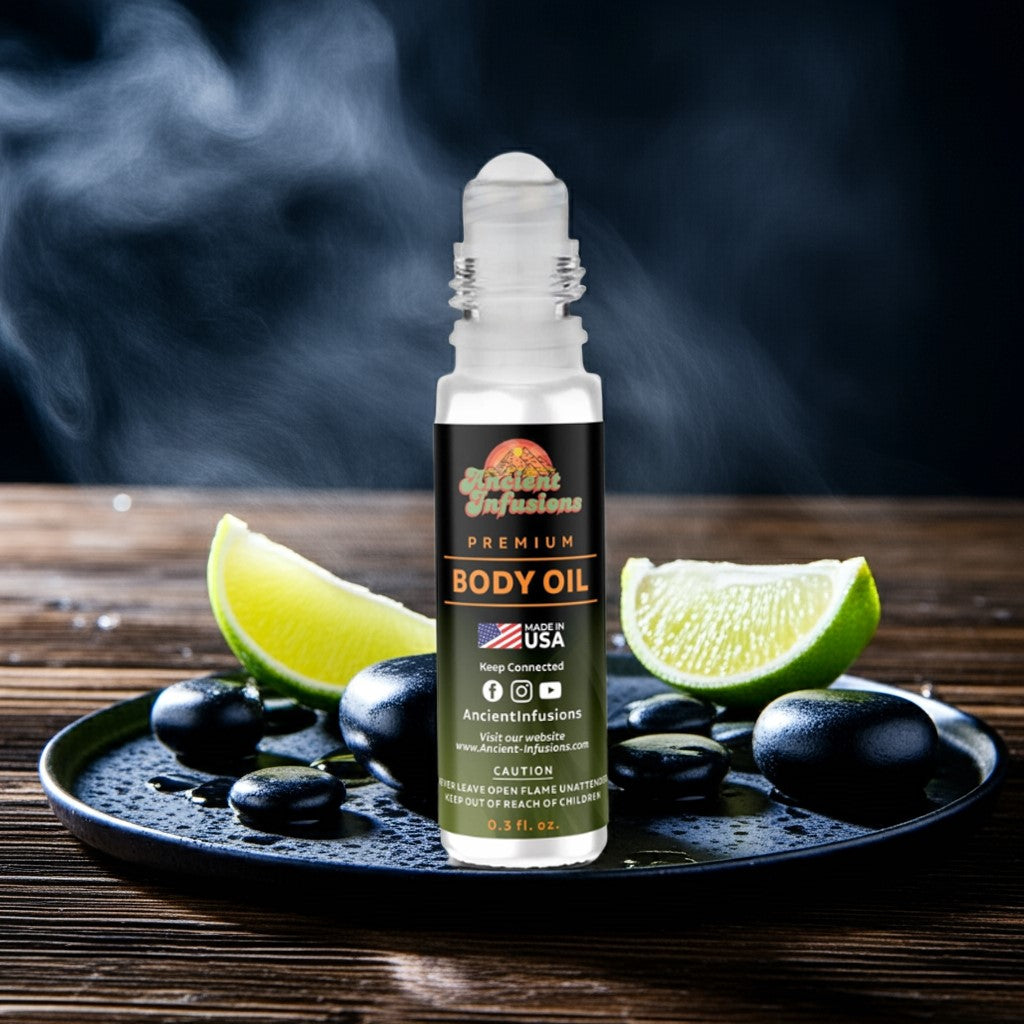 Black Ice Body oil bottle with lime slices and stones on a wooden surface