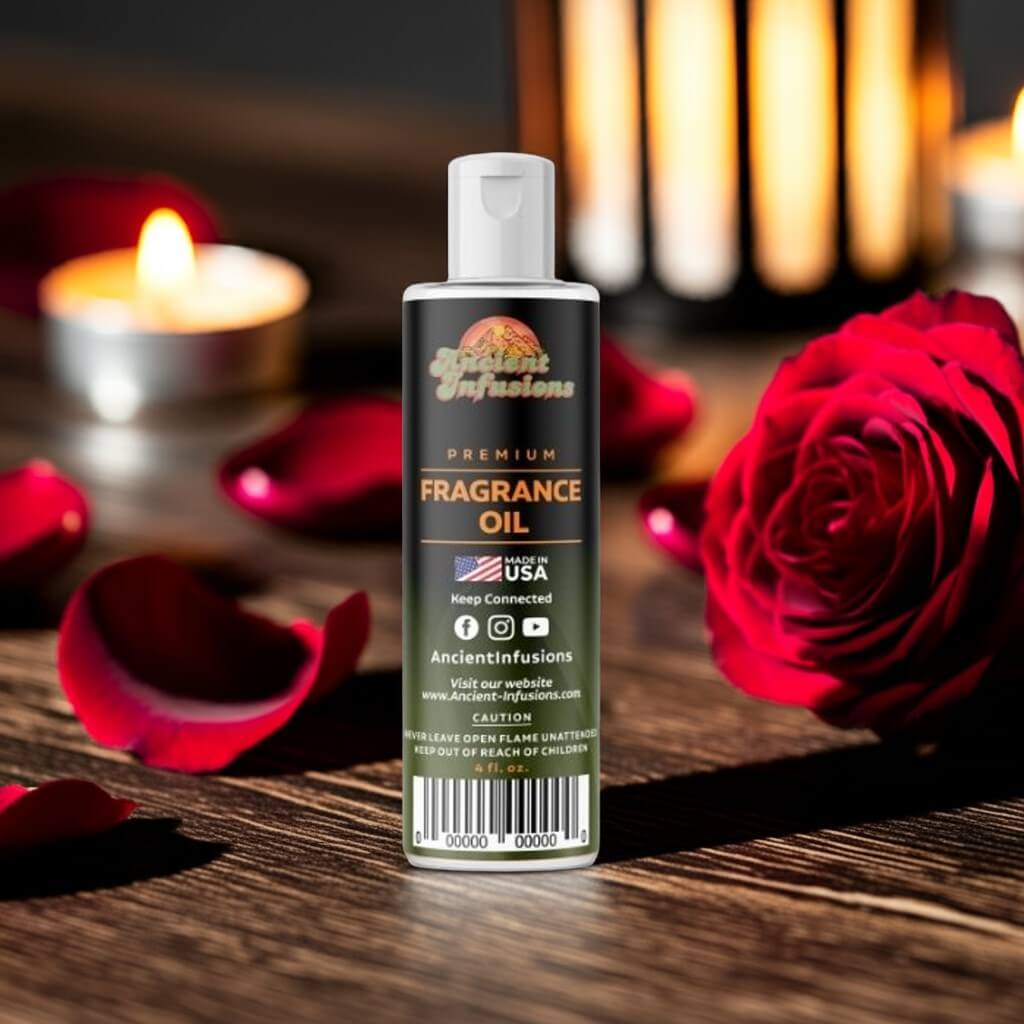 Black Love Fragrance Oil bottle with rose petals and candles, evokes romance and sensuality.