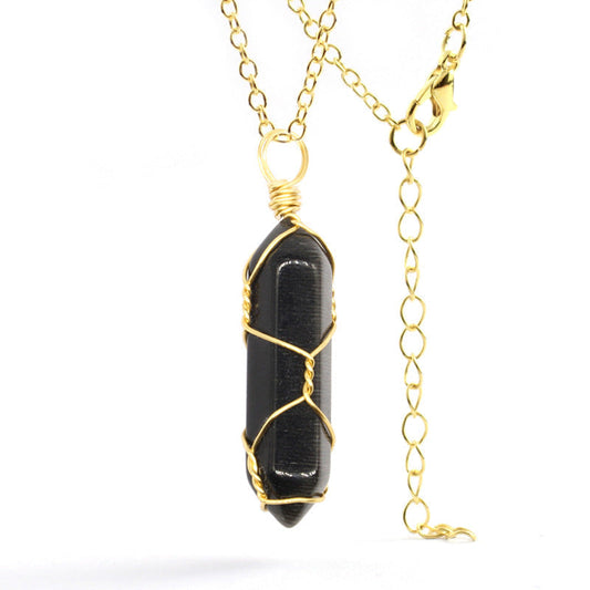 Close-up of a Black Obsidian Necklace with handcrafted gold wire wrapping and stainless steel chain for men and women.