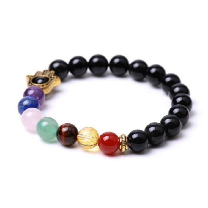 Black Obsidian Hamsa 7 Chakra Elastic Bracelet - Healing Properties and Energy Alignment Benefits.