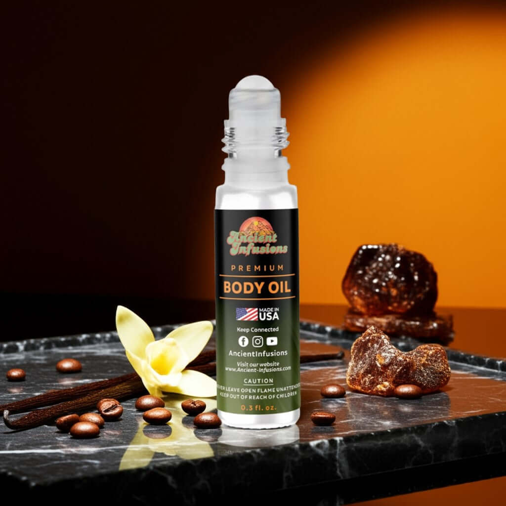 YSL Black Opium Inspired Body Oil positioned with coffee beans and vanilla on a dark surface.