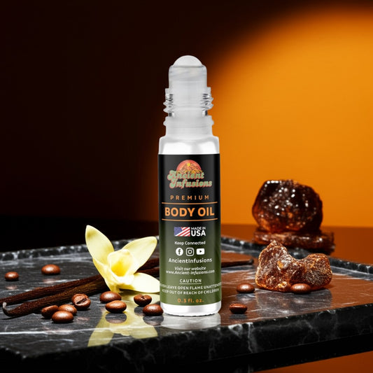 Black Opium YSL inspired body oil bottle with vanilla flower and amber beads on a dark surface