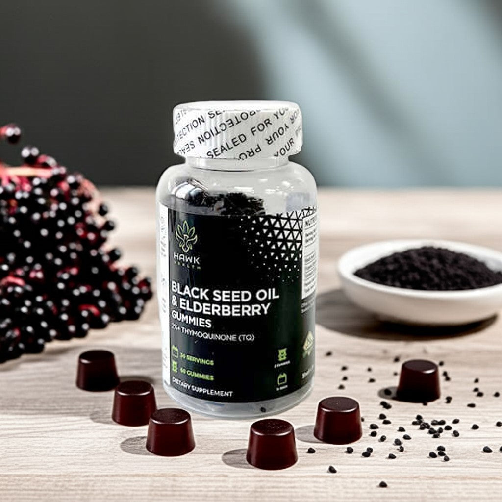 Bottle of Black Seed Oil & Elderberry Gummies with surrounding ingredients on a wooden surface