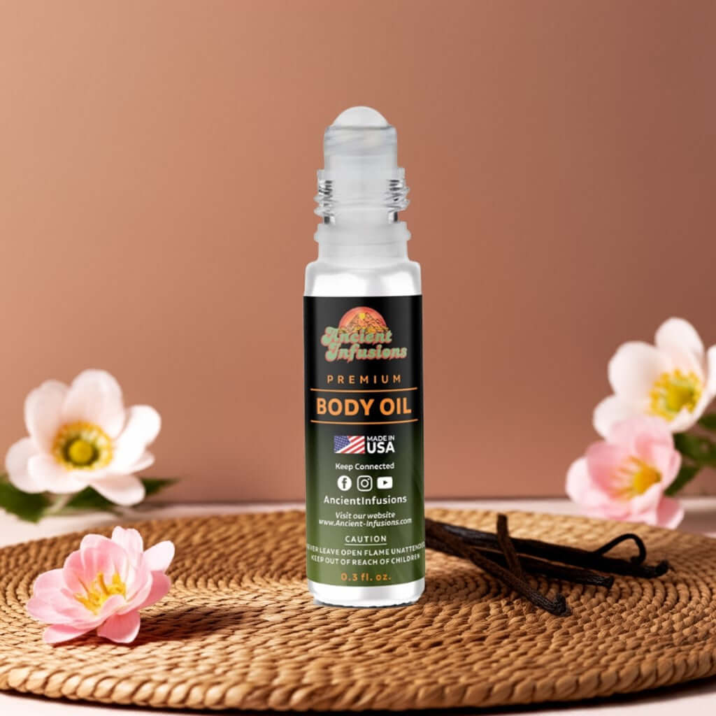 Black Woman Body Oil bottle with floral background and natural ingredients.