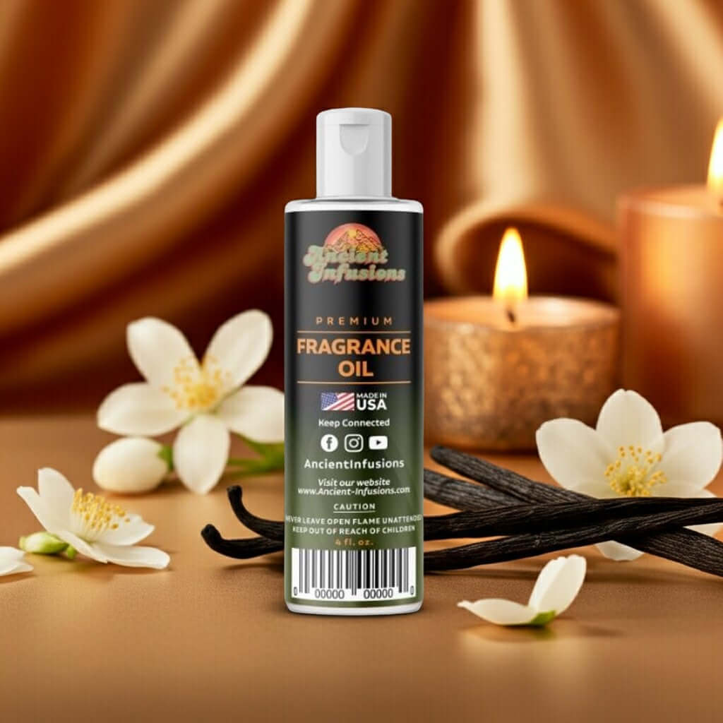 Black Woman Fragrance Oil bottle with white flowers and candle in background, premium fragrance oil from Ancient Infusions.