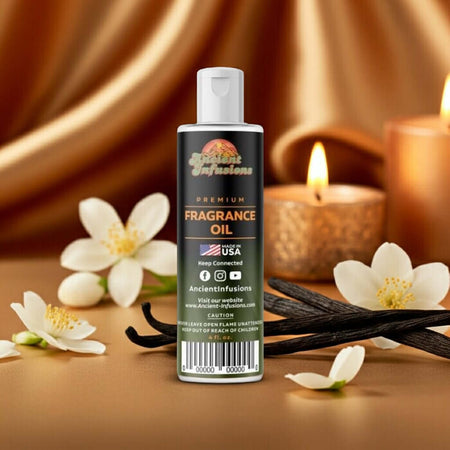 Black Woman Fragrance Oil bottle with white flowers and candle in background, premium fragrance oil from Ancient Infusions.