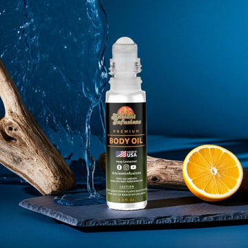 Chanel Bleu de Chanel Exclusif Inspired Body Oil bottle with citrus and wood elements for a masculine fragrance theme.