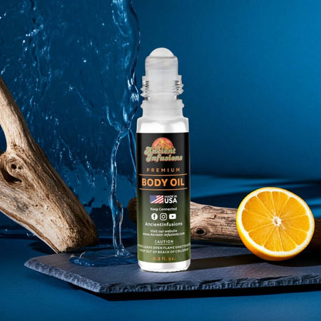 Chanel Bleu de Chanel Exclusif Inspired Body Oil bottle with citrus and wood elements for a masculine fragrance theme.