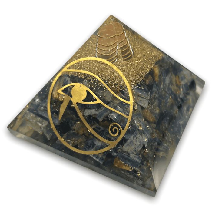 Ancient Infusions brings you the power of Blue Kyanite for spiritual alignment in this stunning orgonite pyramid.