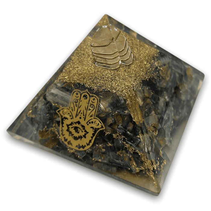 Blue Kyanite Orgonite Pyramid designed for chakra alignment and meditation.