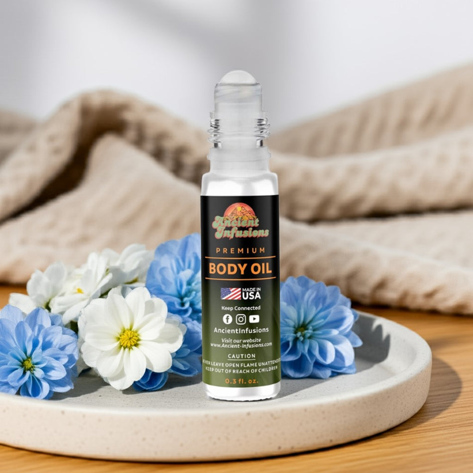 Blue Nile body oil bottle with flowers on a wooden surface