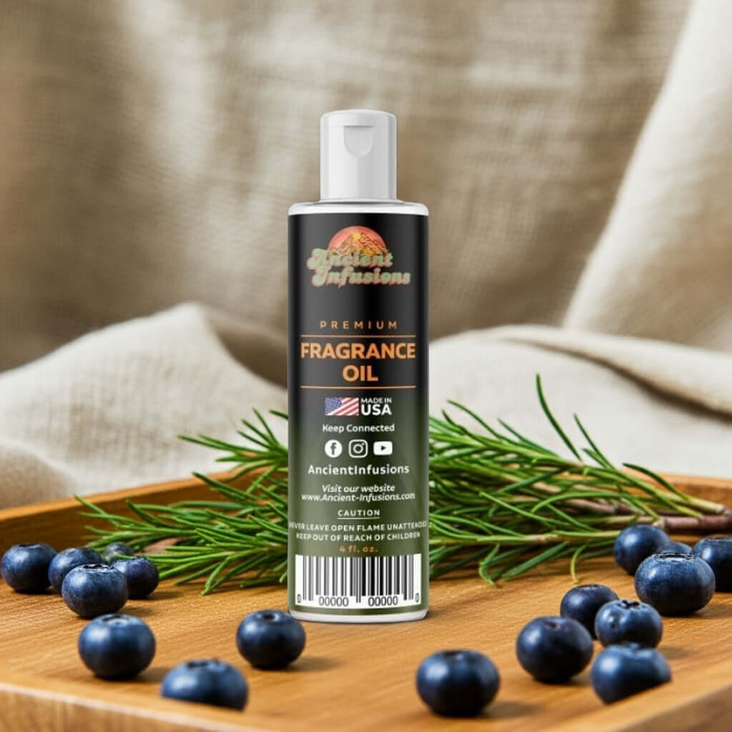 Blueberry Fragrance Oil bottle surrounded by blueberries and rosemary on a wooden table, capturing the essence of fresh and sweet scents.