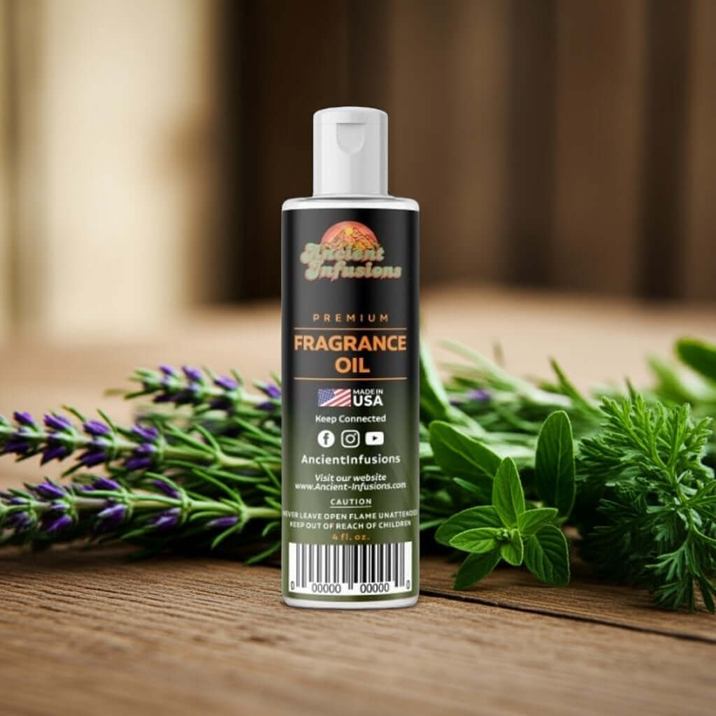 Bob Marley Fragrance Oil bottle on a wooden table with fresh herbs and flowers.