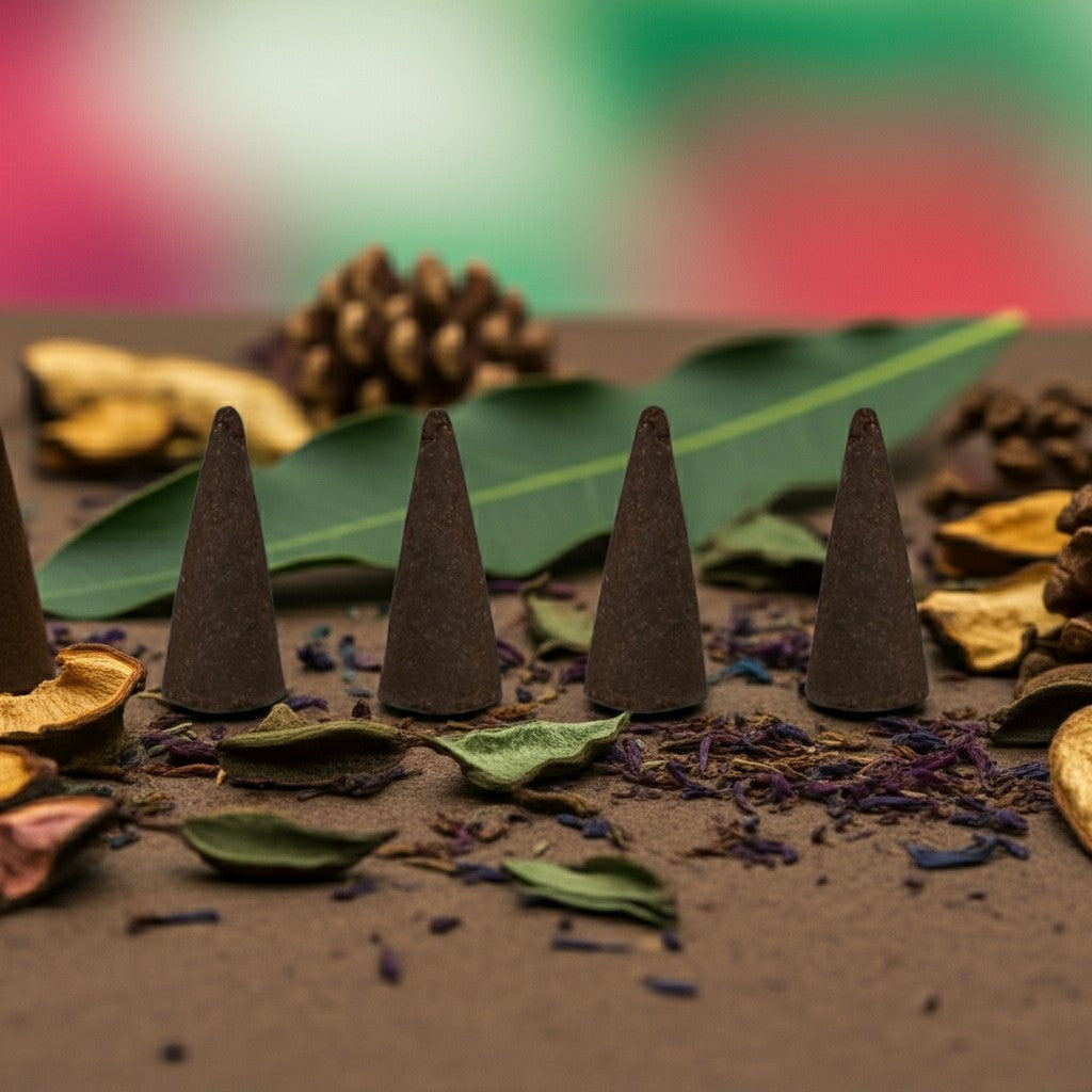 Bob Marley Incense Cones on a surface with leaves and pinecones