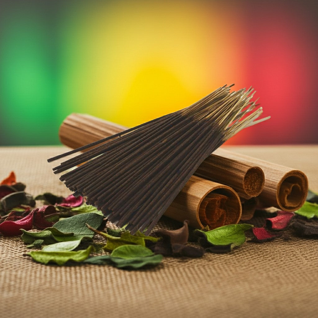 Bob Marley Incense Sticks with wooden casings on a textured surface with a colorful blurred background
