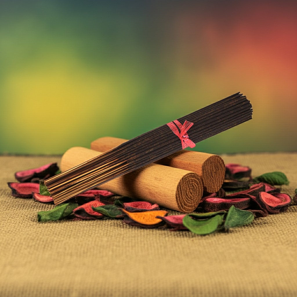 Bob Marley Incense Sticks with wooden casings on a textured surface with a colorful blurred background