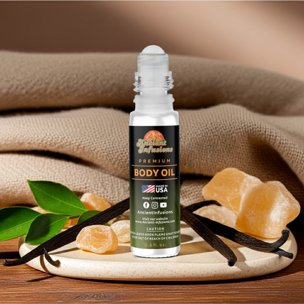 Burberry Brit (Inspired) Body oil bottle with vanilla beans and honeycomb on a wooden surface