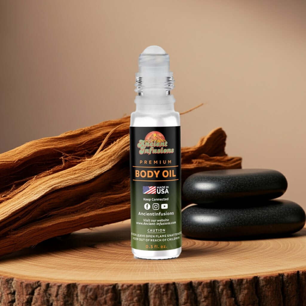 Burberry Hero Inspired Body Oil with cedarwood and bergamot, presented with sleek roll-on bottle on natural wood background.