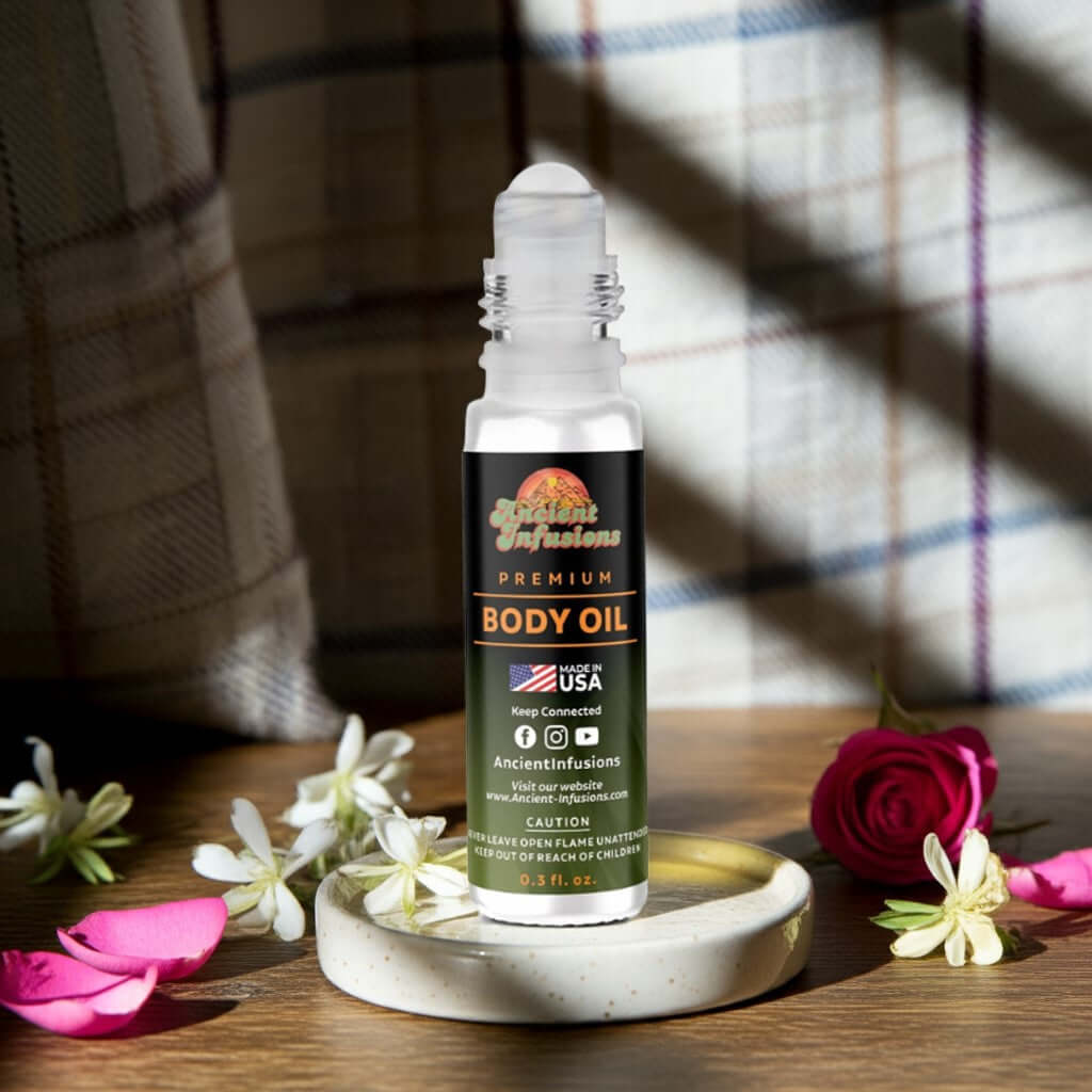 Burberry London Inspired body oil bottle on a wooden surface with flowers and plaid fabric in the background